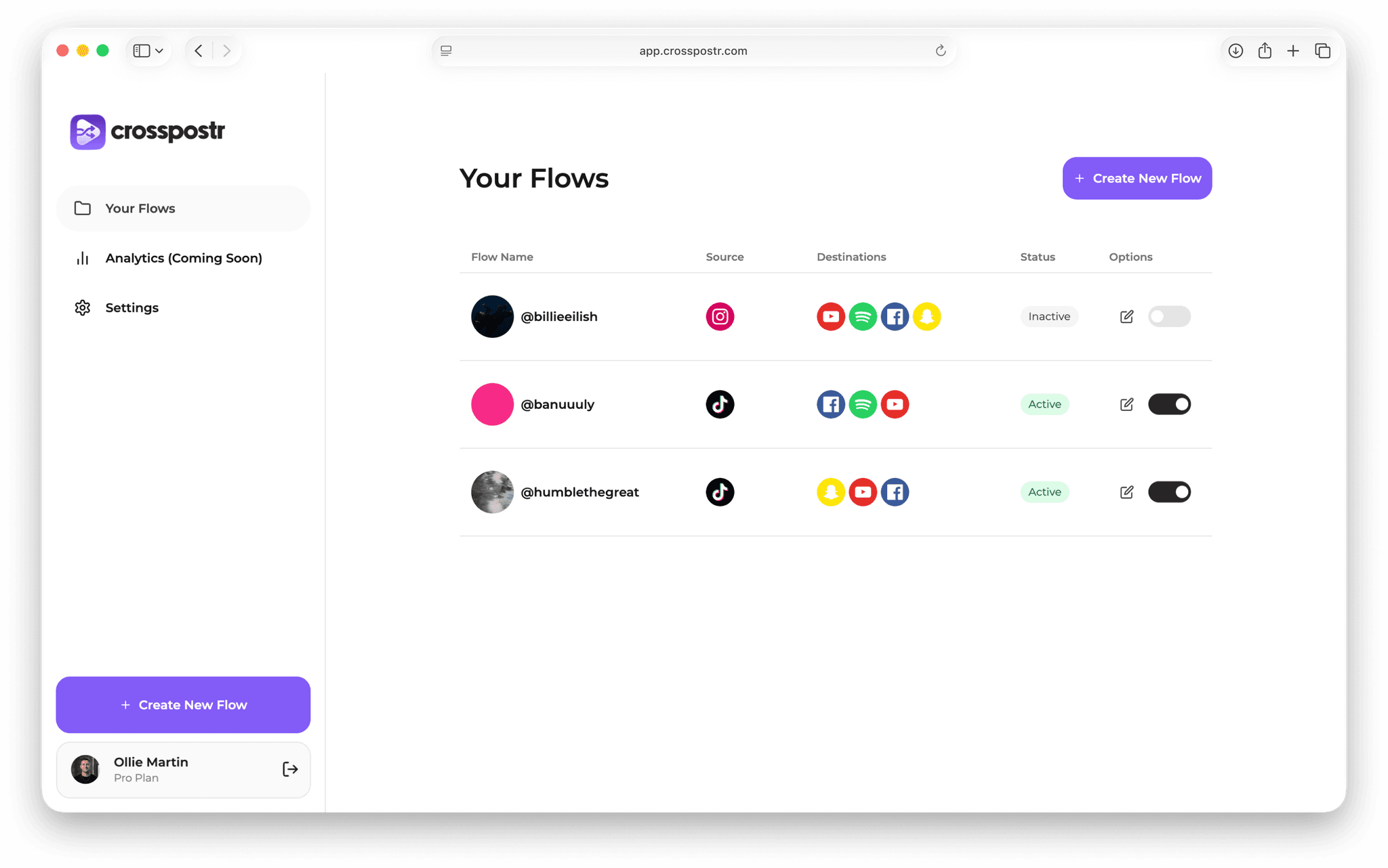The crosspostr dashboard showing your flows
