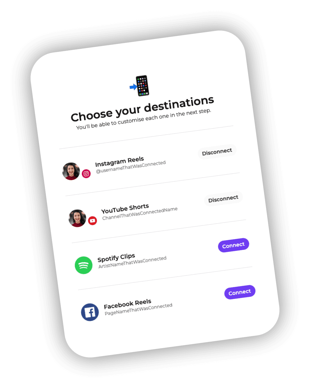 Choose your destinations screen